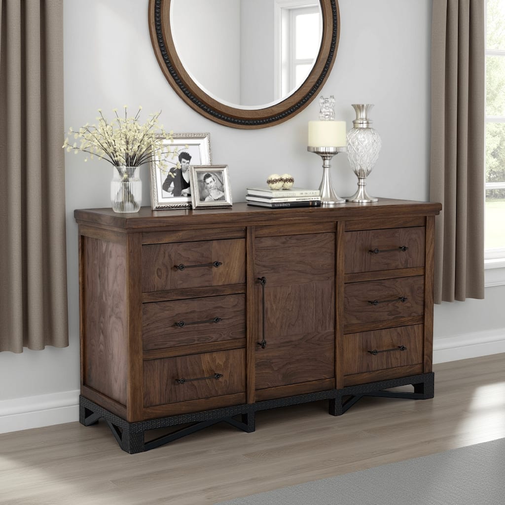 Ally Wide Dresser, 6 Drawers, Center Cabinet, Walnut Brown Parota Wood