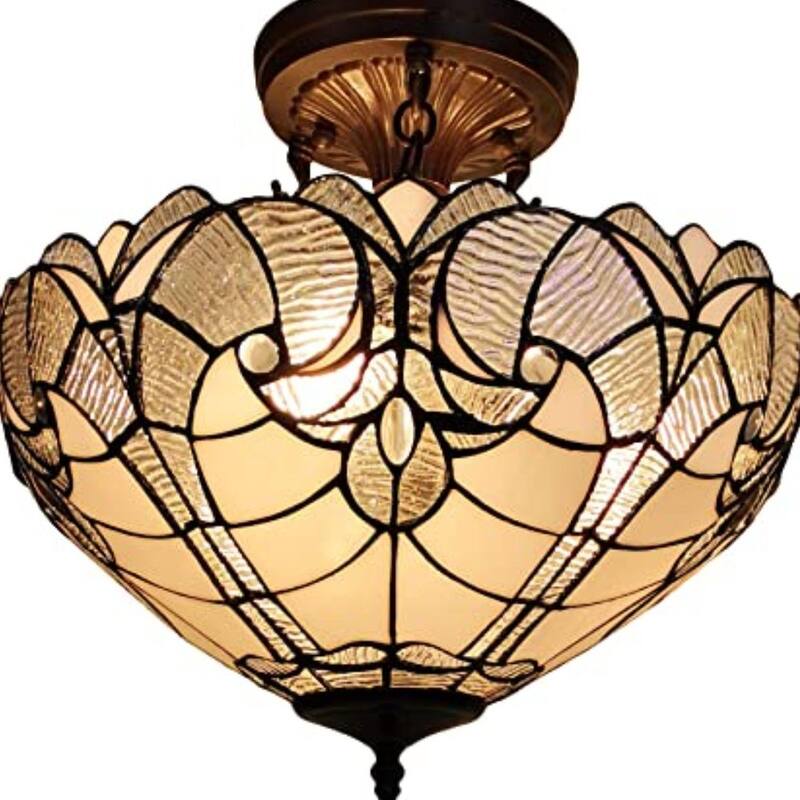 HomeRoots Yellow and Brown Two Light Tiffany Style Semi Flush Dimmable Ceiling Light - 16' X '17' X '16