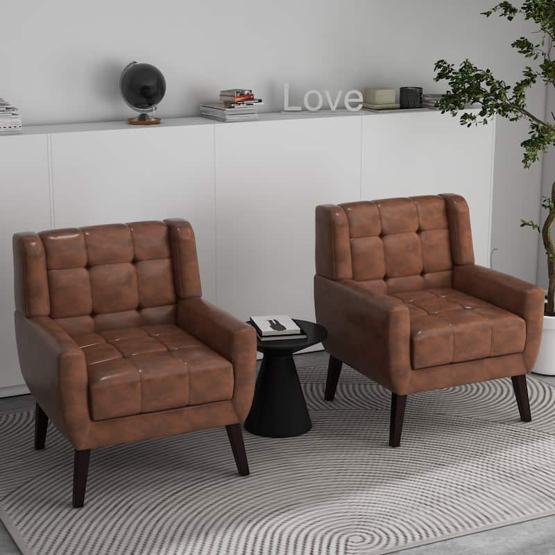 Tufted Arm Chair Upholstered Lounge Chair(Set of 2) - Coffee PU
