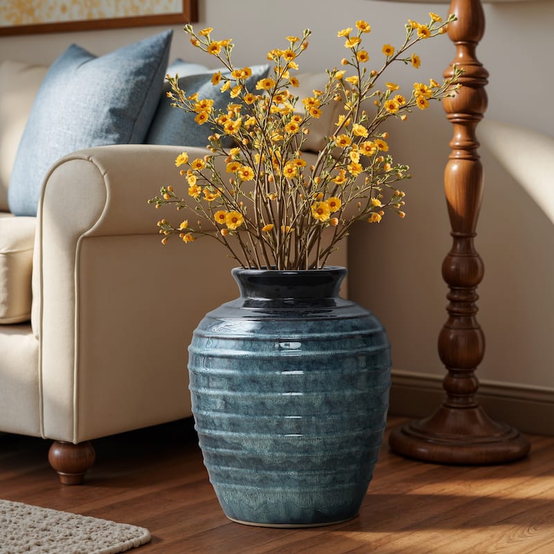 Rippled Blue with Brown Round Ceramic Vase, Home Decor Tabletop & Floor Accent