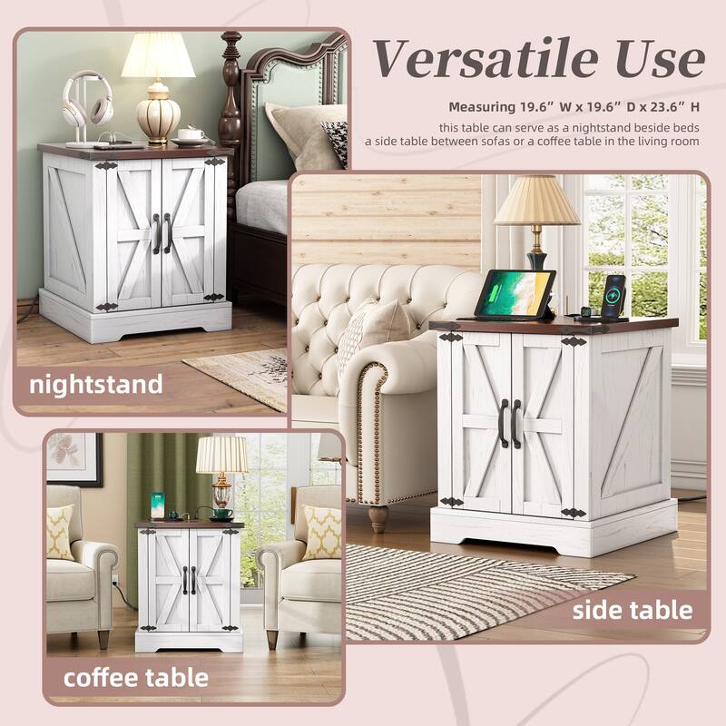 Farmhouse End Table with Charging Station, Rustic Wood Nightstand with Adjustable Shelf, 19.6"W Versatile Walnut Sofa Si