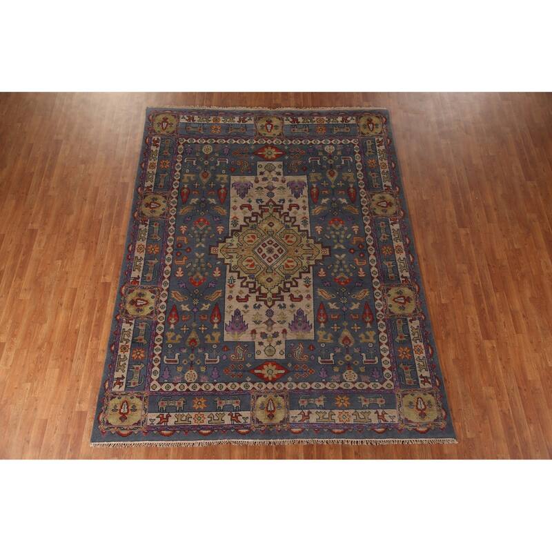 Geometric Heriz Serapi Area Rug Hand-Knotted Wool Carpet - 7'8" x 10'1"