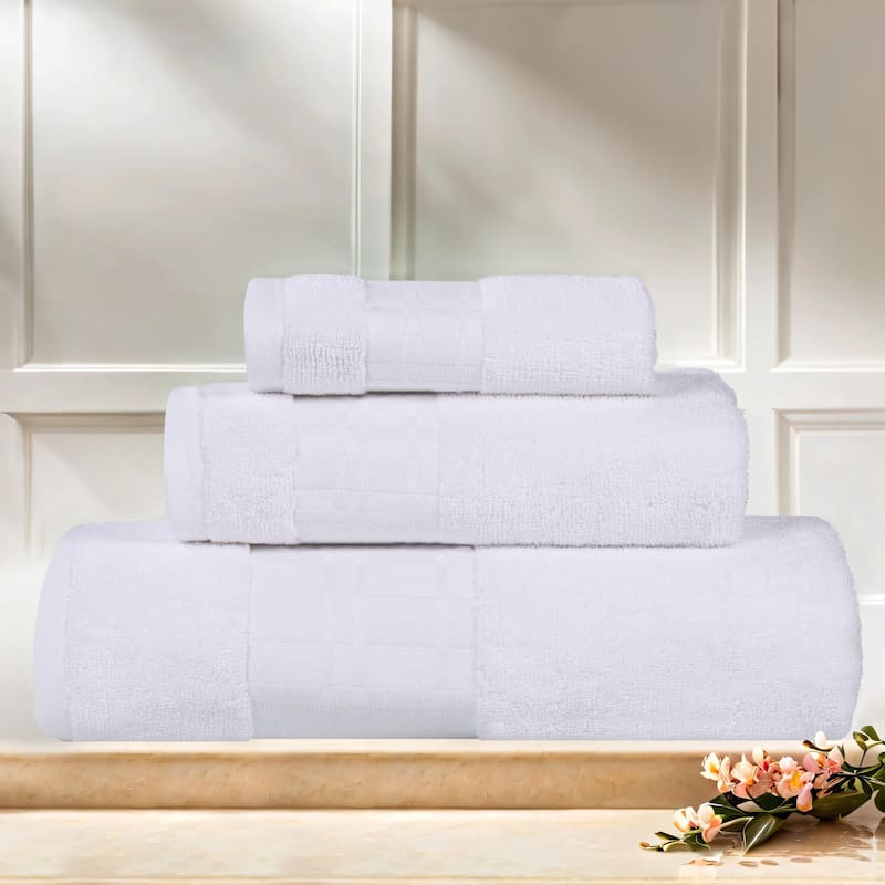 Superior Larissa Cotton Embroidered Geometric Border 3-Piece Towel Set - White/White
