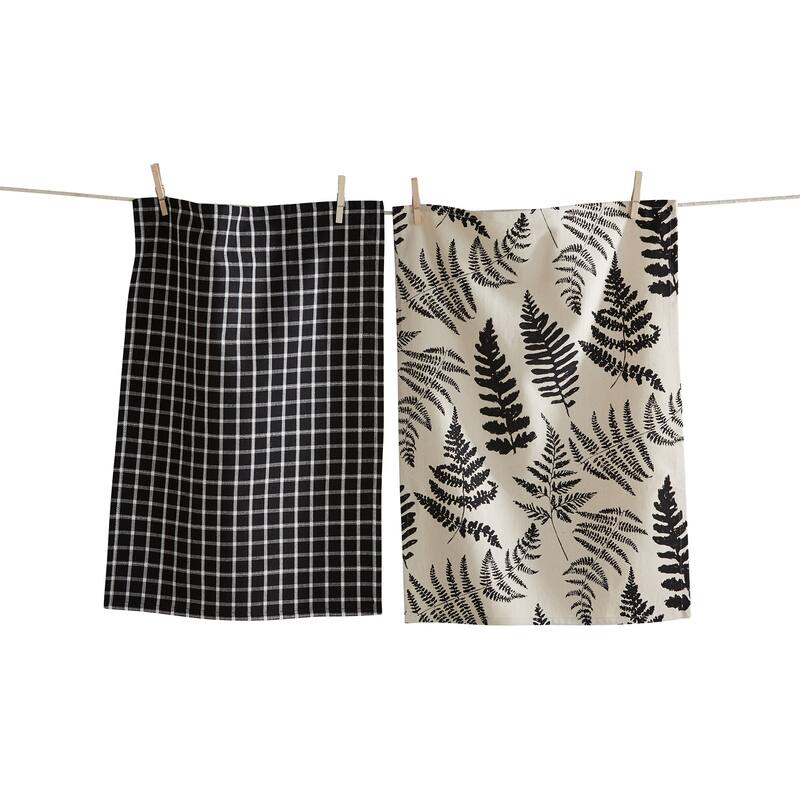 Set of 2 Fern Dishtowels - Black Multi Cotton Kitchen Towels, Summer Kitchen Textiles, Machine Wash, 26x18 inches