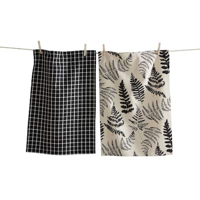 Set of 2 Fern Dishtowels - Black Multi Cotton Kitchen Towels, Summer Kitchen Textiles, Machine Wash, 26x18 inches