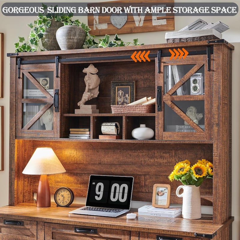 Farmhouse L Shaped Desk with Hutch, Wood Desk with Charging Station