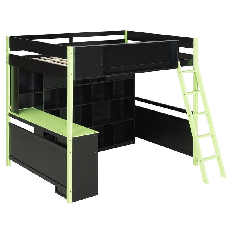 Full Size Wood Loft Bed with Desk, Ample Storage Space and Light