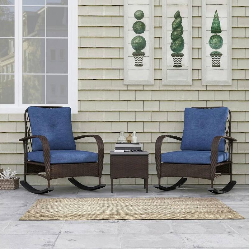 3-Piece Wicker Patio Set with Rocking Chairs, Glass-Top Coffee Table