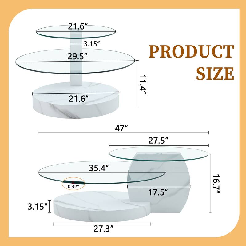 Glass Coffee Tables for Living Room, 3 Tier Round Coffee Tables with Wood Base Modern Center Table for Home Office