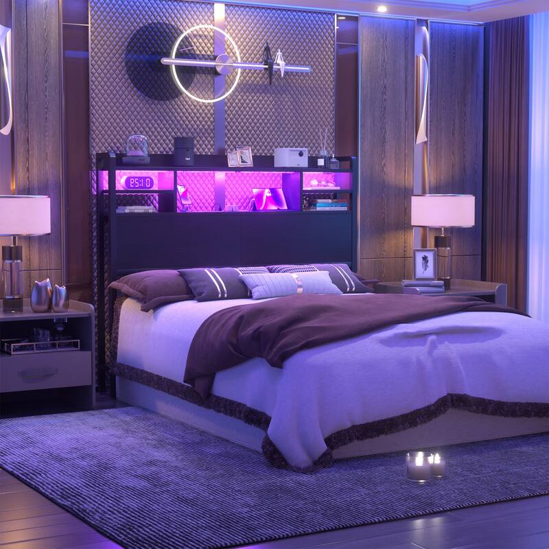 Storage Headboard with USB Port and Power Outlet, Head Board with LED Light for Bed Frame