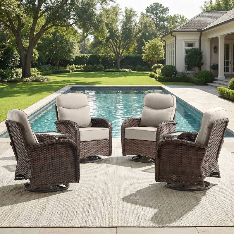 Pocassy Outdoor Wicker Patio Swivel Chair with Ottoman Sets - Brown Wicker Beige Cushion - 6-Piece Swivel Chair with Side Table