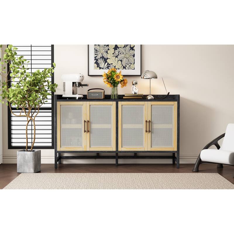 Rectangular Sideboard with 4 Decorative Rattan Doors
