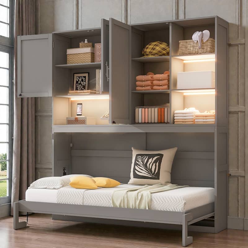 Twin Size Wall Murphy Bed with Top Cabinet, Shelves, Foldable Space-Saving Bed with Light & USB Charging Port