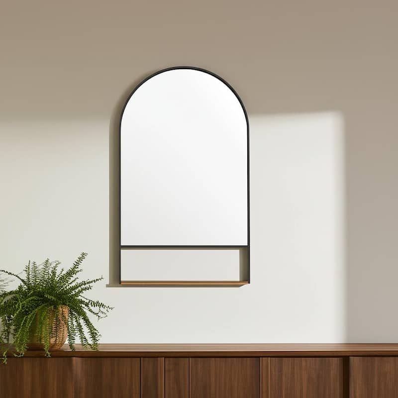 HomeRoots 40" Black Metal Arch Framed Accent Mirror With Shelf - 24.02 in. x 39.96 in. x 3.94 in. - 24.02 in. x 39.96 in.  x 3.94 in.