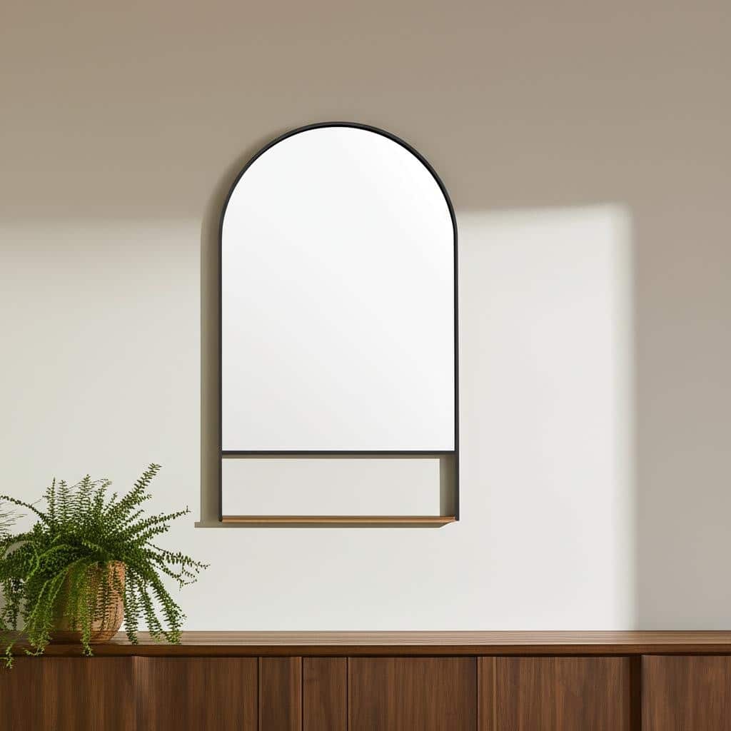 HomeRoots 40" Black Metal Arch Framed Accent Mirror With Shelf - 24.02 in. x 39.96 in. x 3.94 in.