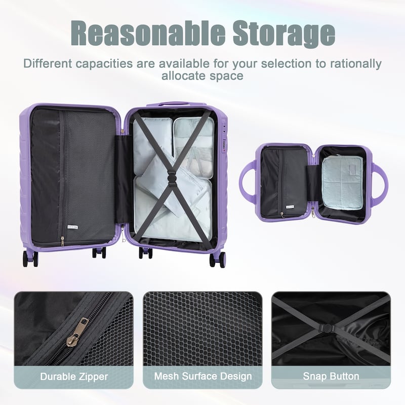 14"/20" 2-Piece, Modern Luggage Sets with Makeup Case, Spinner Wheel and Combination Lock, for Boarding Travel, Blue+Purple