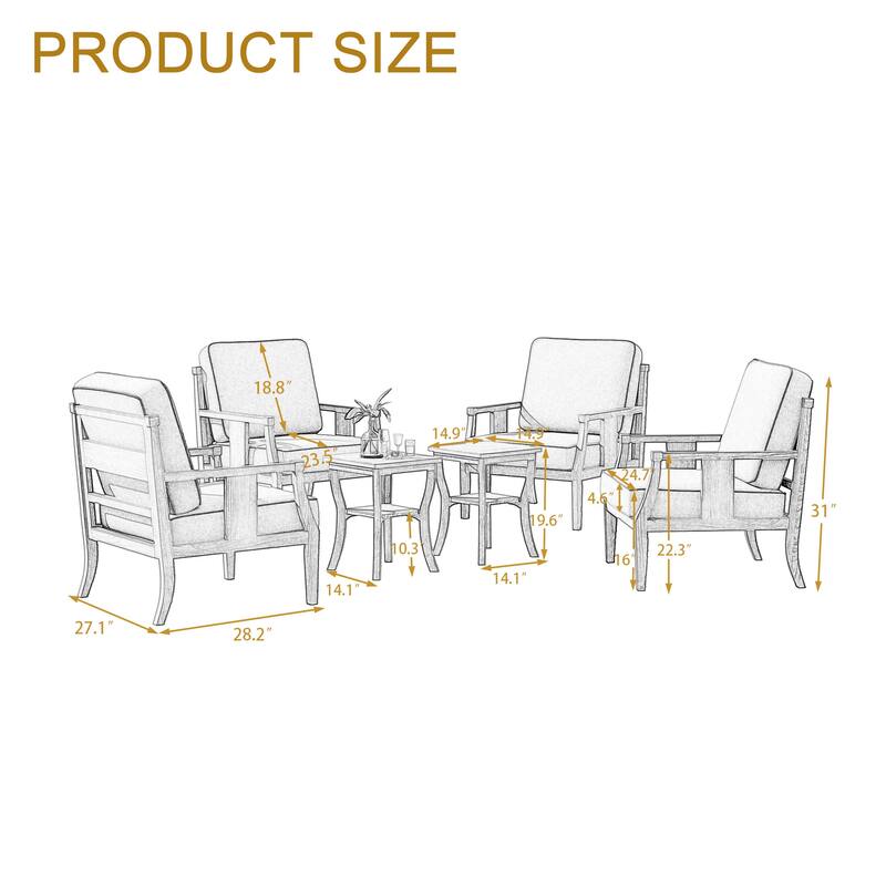 6-Piece Outdoor Teak Seating Set Armchair Patio Conversation Sets with 2 Tables, Cushion