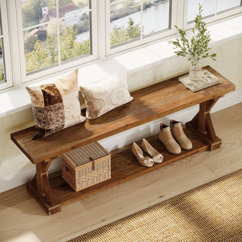 59 Inch Solid Wood Entryway Shoe Bench with Storage Shelves, Farmhouse Style - 59.06" W x 11.81" D x 17.72" H