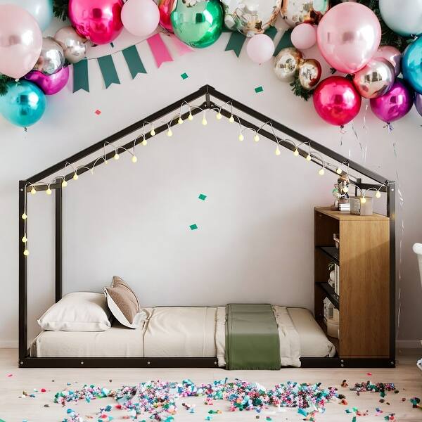 slide 2 of 25, Twin Size House Bed with Roof and LED Lights,Kids Bed Design Black