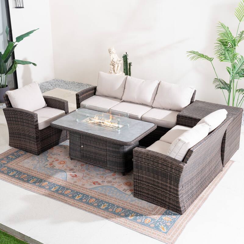 5-Piece Outdoor Wicker Patio Sofa Set with Adjustable Fire Pit Table and Storage Box - Brown