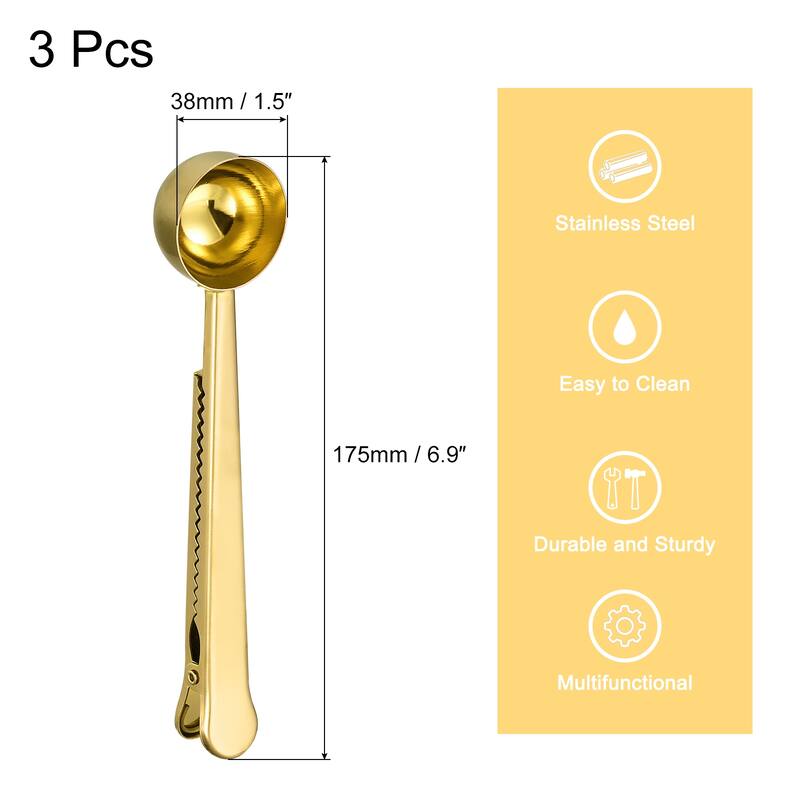 3Pcs Stainless Steel Coffee Scoop Clip 2 in 1 Coffee Measuring Spoon - Gold