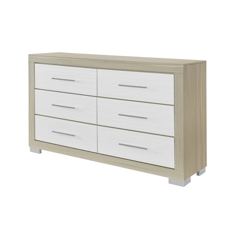 HomeRoots 63" Natural And White Wood Six Drawer Double Dresser