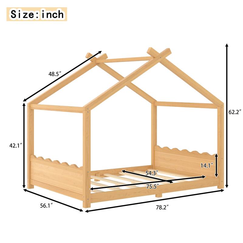 Full House Floor Bed with Support Slats, Solid Wood House Bed Frame for Kids, No Box Spring Needed