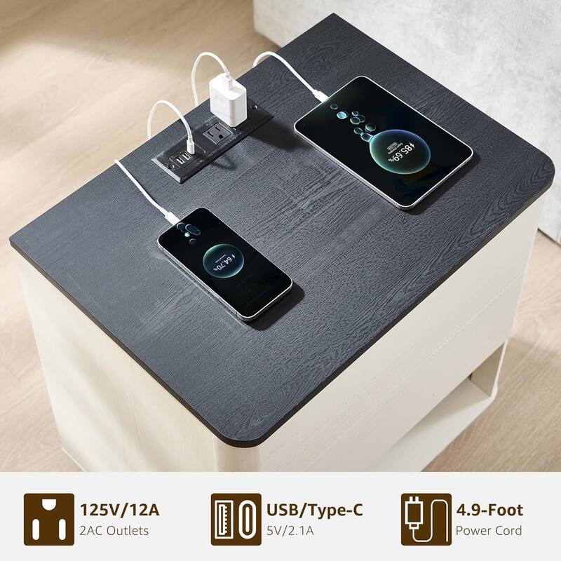 Modern Nightstand With Charging Station, Wooden Side Table, End Table