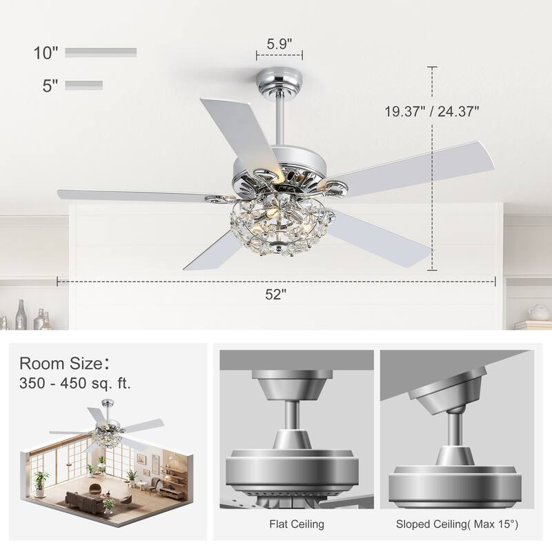 52" Chrome Crystal Ceiling Fan with Lights, Remote Control, Reversible DC Motor, 6-Speed Indoor Ceiling Fan with 5 Silver Blades