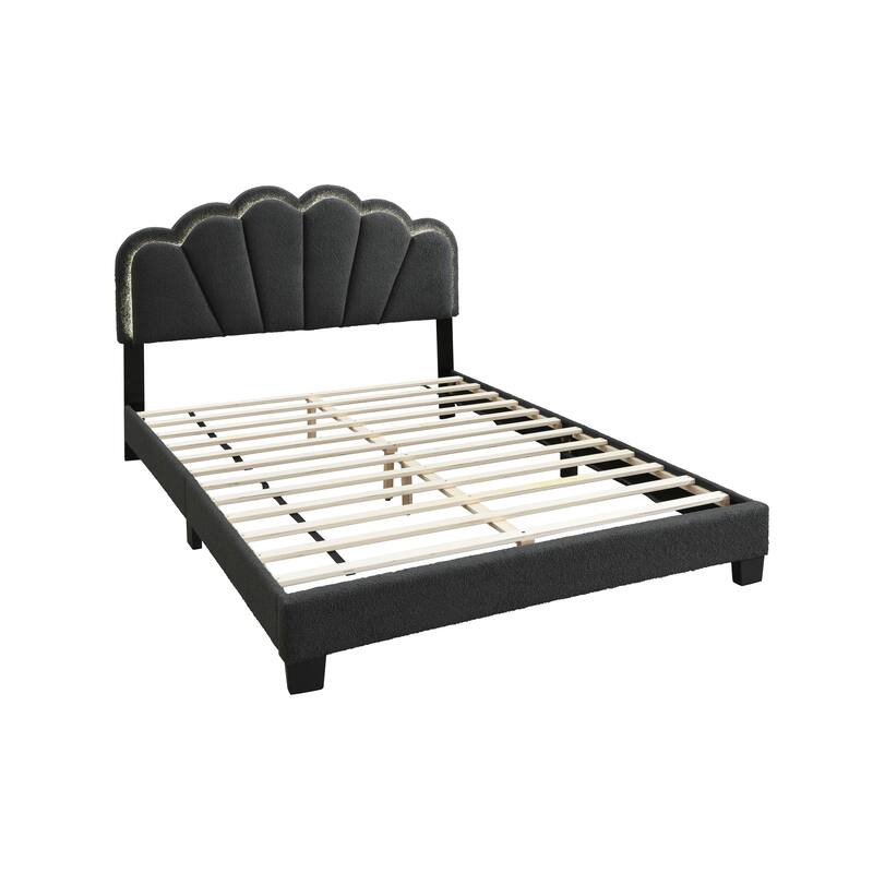 Queen Size Wool Upholstered Platform Bed Frame with Floral LED Headboard for Modern Bedrooms, Box Spring Not Required
