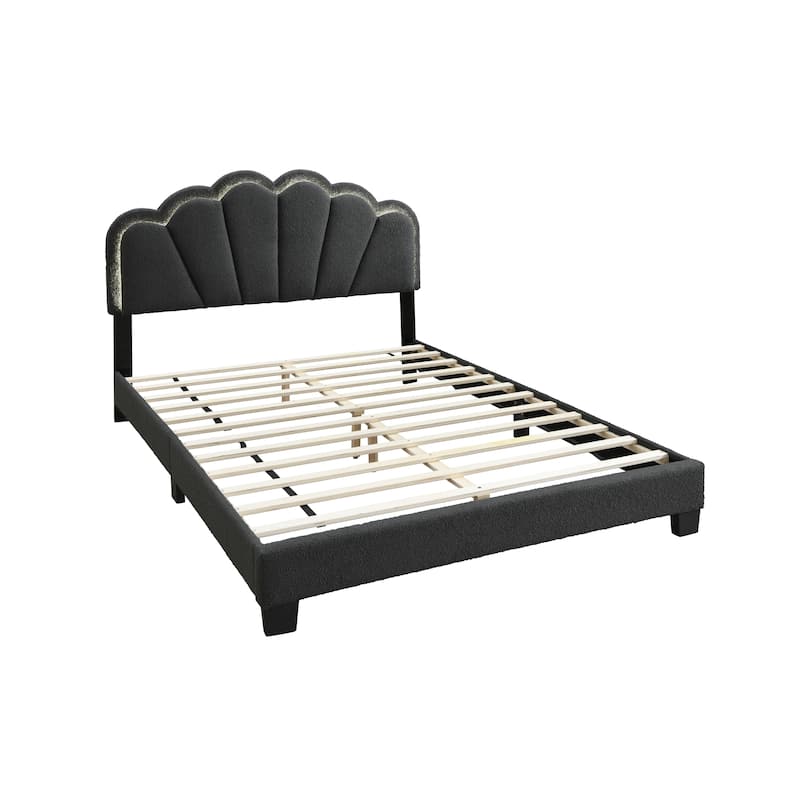 Queen Size Wool Upholstered Platform Bed with Floral Stitch Headboard and LED Lighting