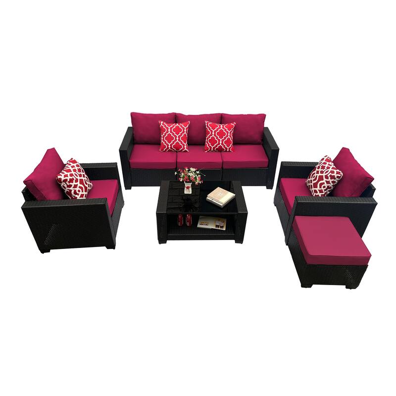 7 Piece Patio Furniture Set, Outdoor PE Rattan Wicker Sectional Sofa Set with 2 Sofa Chairs and Tempered Glass Table