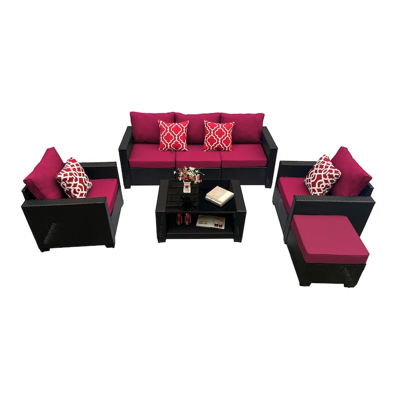 Outdoor Garden Patio Furniture 7-Piece PE Rattan Wicker Cushioned Sofa Sets with 2 Pillows and Coffee Table