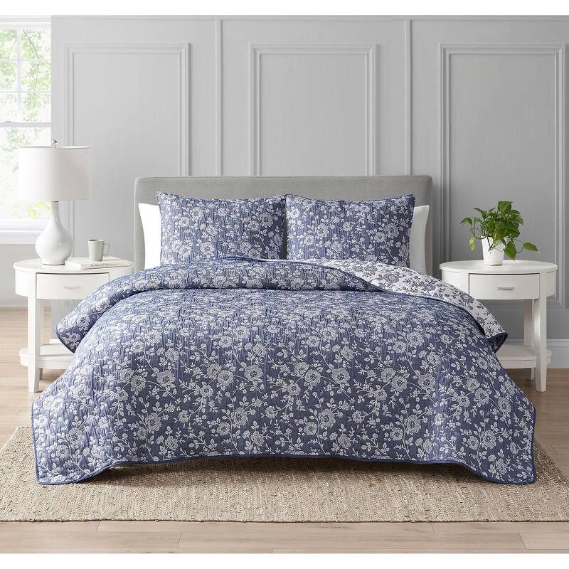 CEDAR COURT Marguerite Floral Navy Soft Matelasse Jacquard Quilt Set