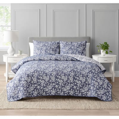 CEDAR COURT Marguerite Floral Navy Soft Matelasse Jacquard Quilt Set