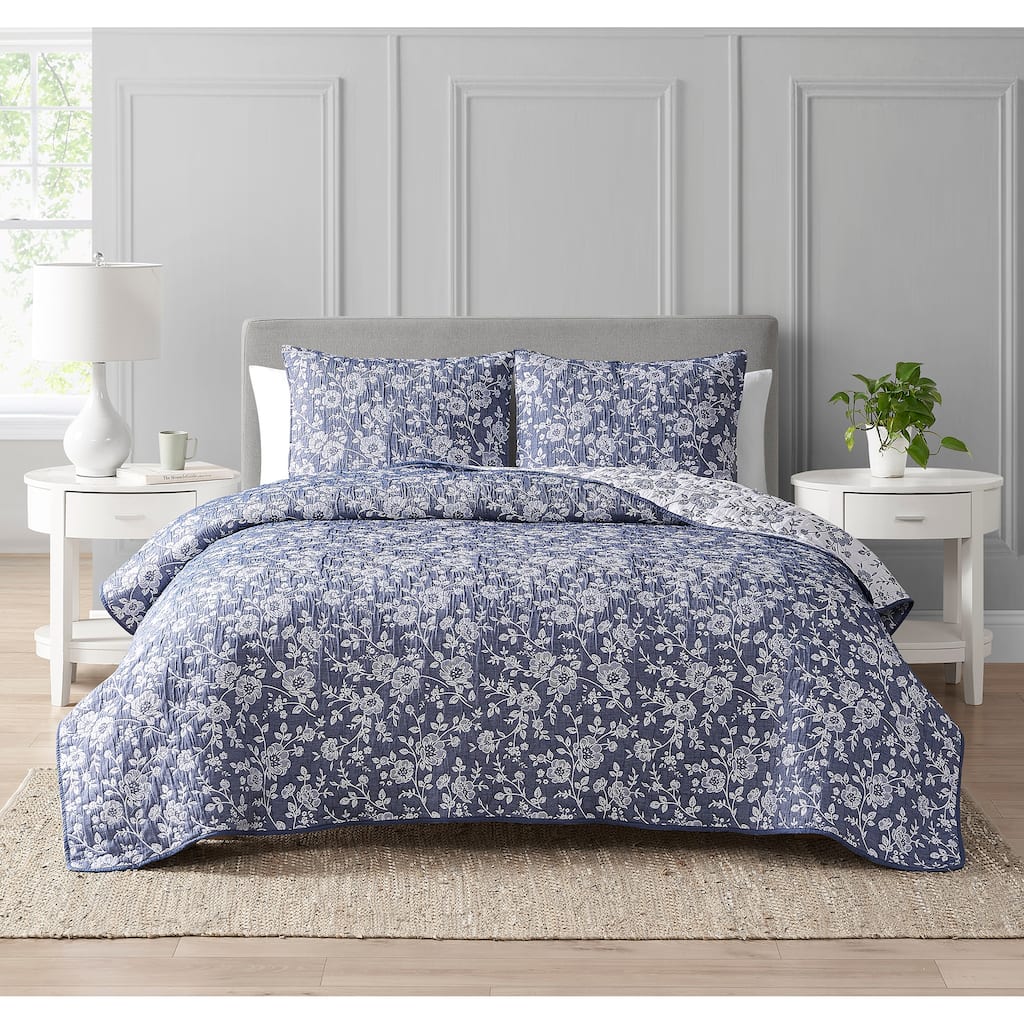 CEDAR COURT Marguerite Floral Navy Soft Matelasse Jacquard Quilt Set