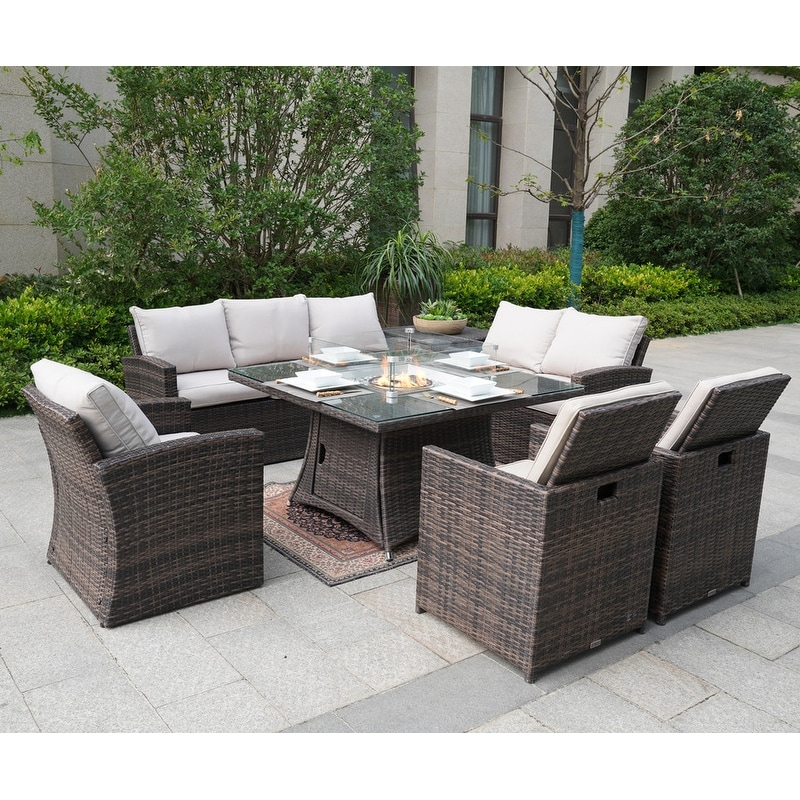 Direct Wicker Novelty Patio Conversation Sofa Set with Firepit Dinging Table
