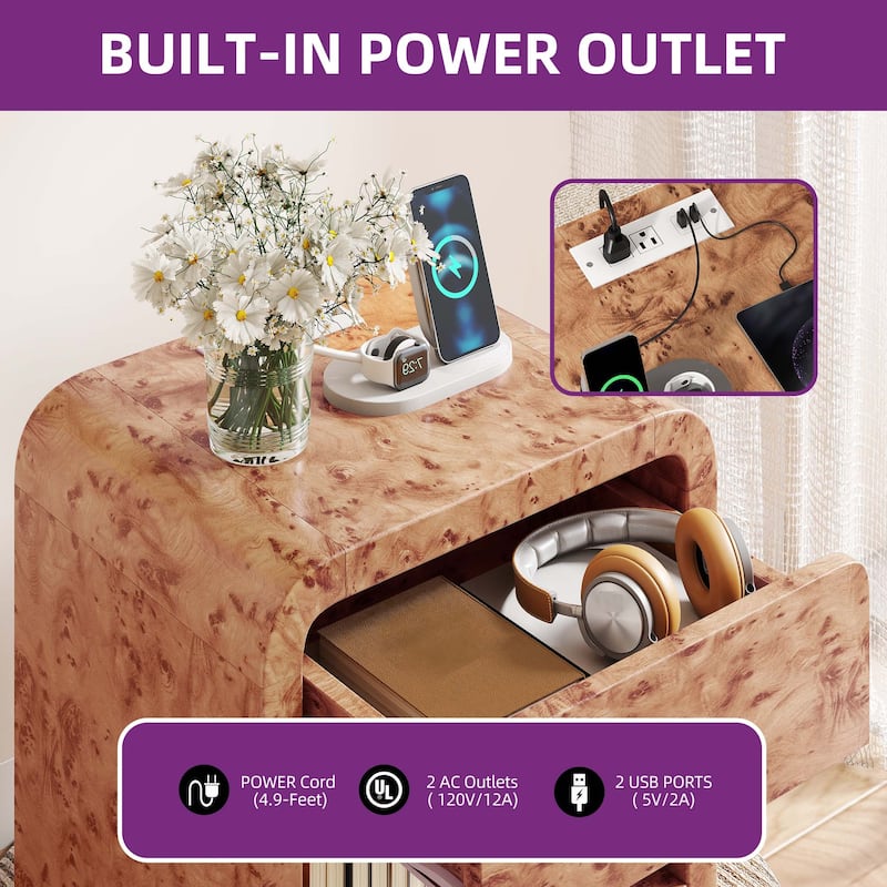 Moasis Modern Distressed Side Table Chair Side Bedside Table with Drawer and Charging Station