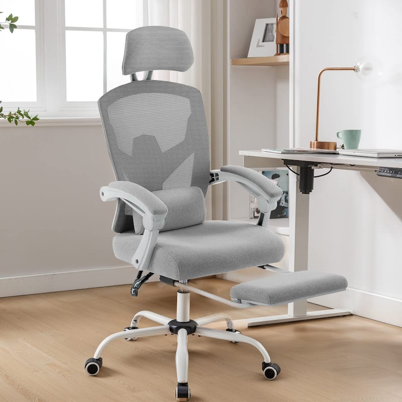 Home Office Desk Chair with Footrest, High-Back Mesh Rolling Swivel Reclining Chairs with Wheels, Comfortable Headrest - Grey
