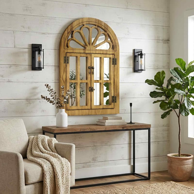 Solid Wood Arched Framed Windowpane Accent Mirror Wall Mirror - 24x36 - Brown
