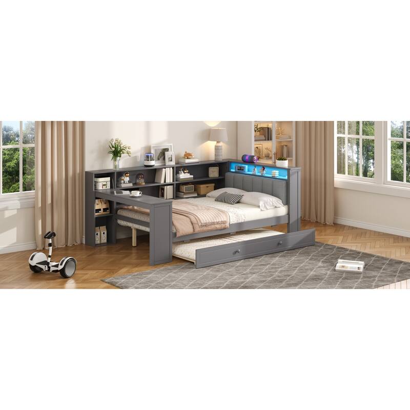 Roomfitters Twin/Full Platform Bed with Trundle, LED Headboard, Charging Station and Storage