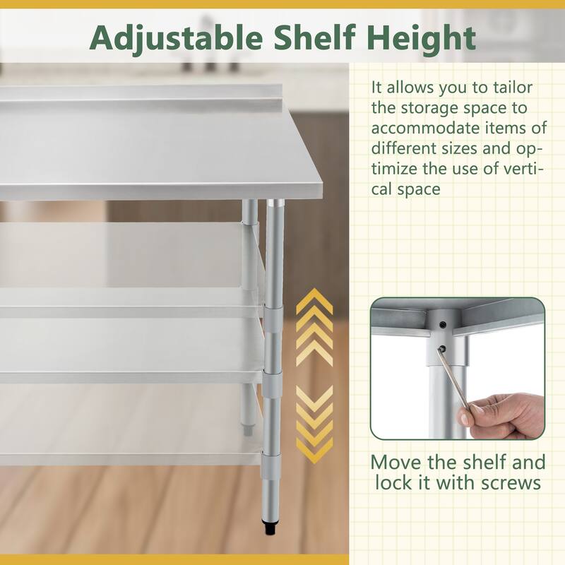 Profeeshaw Stainless Steel Work Table with Backsplash & Adjustable Shelf for Commercial Use - 48"L x 30"W x 37"H