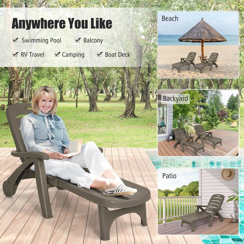 5 Position Adjustable Folding Lounger Chaise Chair on Wheels - 30" x 29" x 41" (L x H x W)