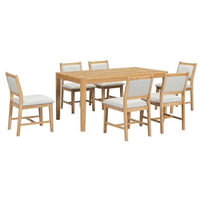 7-Piece Retro Dining Table Set for 6, 1 Rectangular Wood Dining Table Set for 6 with Upholstered Chairs