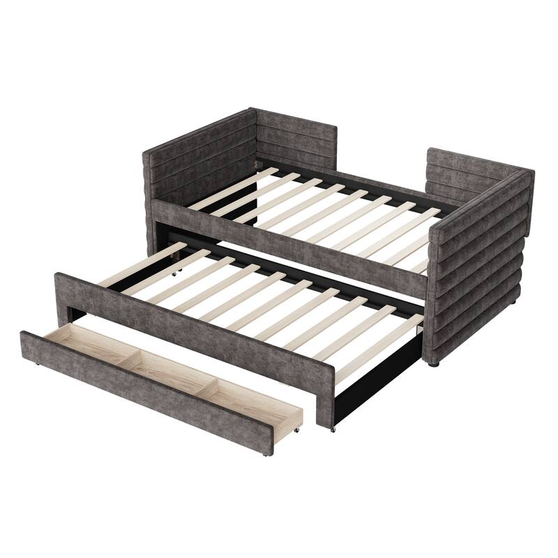 Twin Size Upholstered Daybed with Trundle and 3 Storage Drawers, Fabric Sofa Bed for Guest Room, Living Room