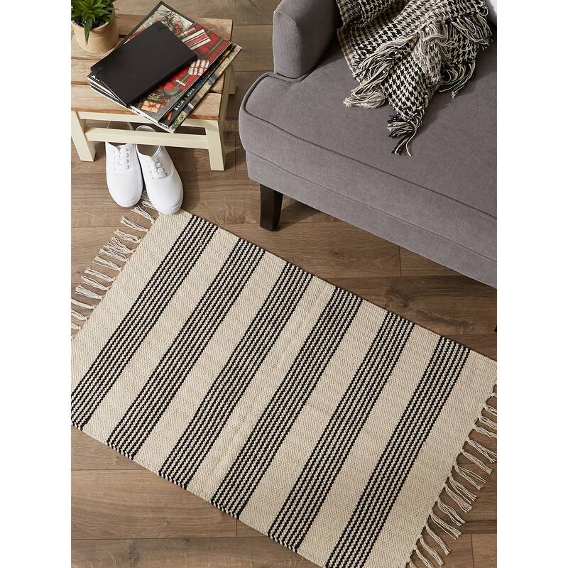 DII Black Ticking Stripe Hand-Loomed Rug 2x3 Ft - 24.0 In. L X 36.0 In. W X 0.2 In. H