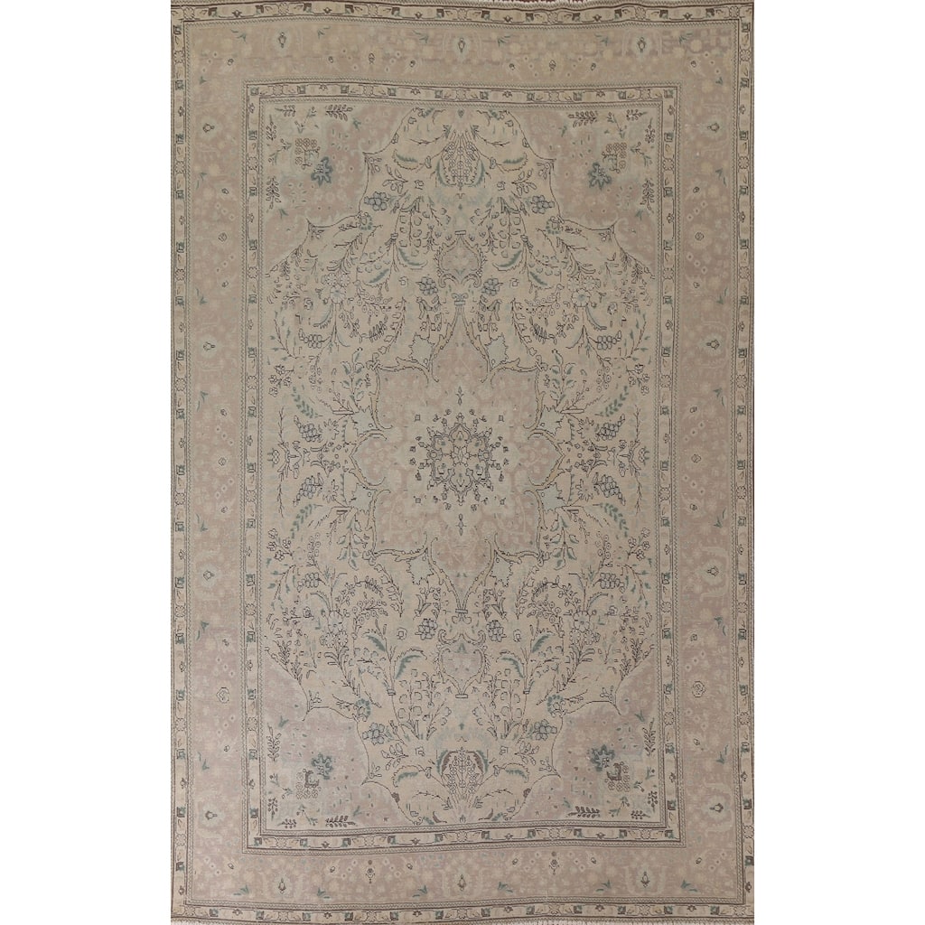 Hand Knotted Oriental 100% Wool Carpet Traditional Floral Beige & Ivories Tabriz Area Rug - 12' 11'' X 9' 6''