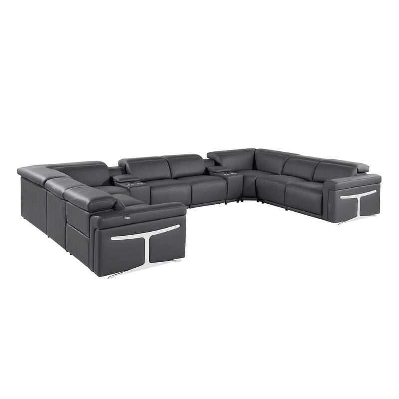 HomeRoots Dark Gray Italian Leather Power Reclining U Shaped Ten Piece Corner Sectional With Console