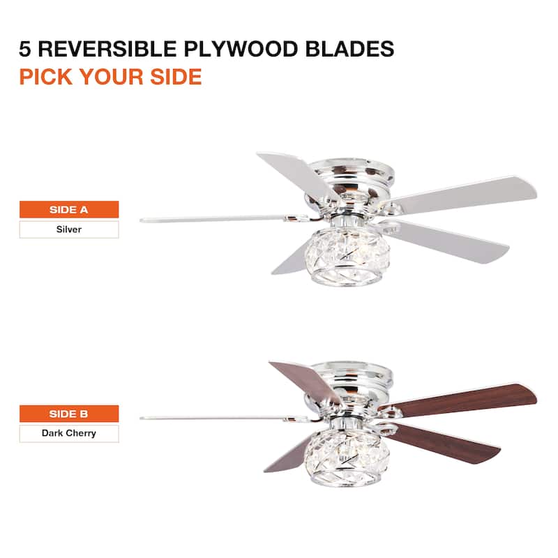 48" Chrome Wooden 5-Blade Crystal Flush Mount Ceiling Fan with Remote