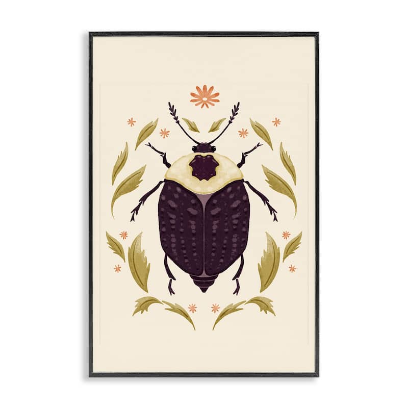 Stupell Black Beetle with Leaves Framed Giclee Art Design By Hannah Moren - 12 x 18 - Black